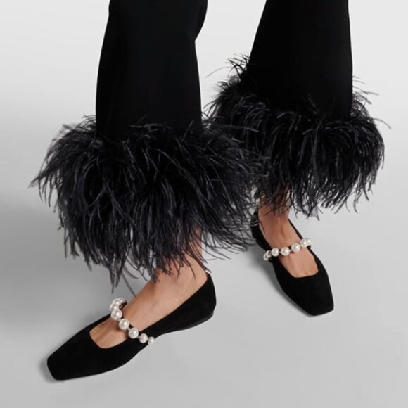 MIRAAZZURRA Shoes - MIRAAZZURRA Mary Jane Pearl Strap Ballet Flats Square Toe Suede Black Size 10